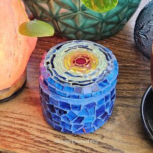 Vtg Glass Hand Made Mosaic Blue Trinket Jewelry Stash Box Sunset Candle Holder